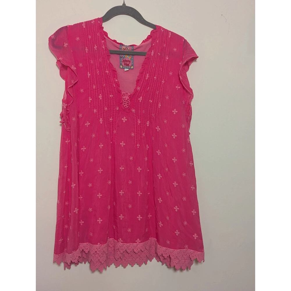 Johnny Was Pink Embroidered Tunic Top Crochet Lace Hem Boho  Size Small